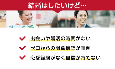 結婚はしたいけど…・出会いや婚活の時間がない・ゼロからの関係構築が面倒・恋愛経験がなく自信が持てない