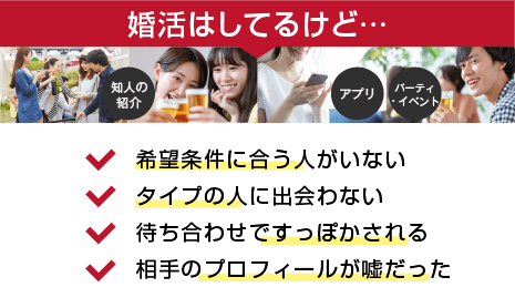 婚活はしてるけど…・希望条件に合う人がいない・タイプの人に出会わない・待ち合わせですっぽかされる・相手のプロフィールが嘘だった