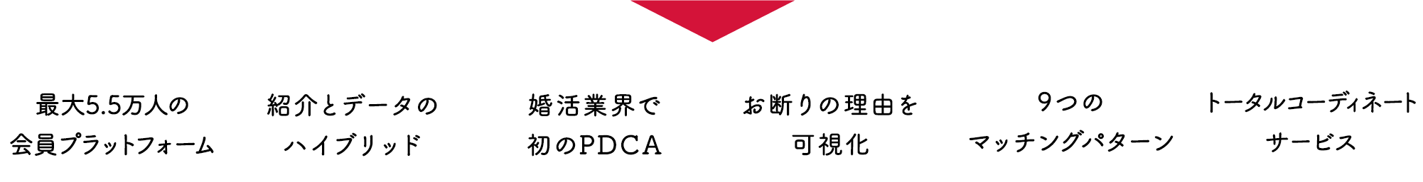 最大5.5万人の会員プラットフォーム / 紹介とデータのハイブリッド / 婚活業界で初のPDCA / お断りの理由を可視化 / 9つのマッチングパターン