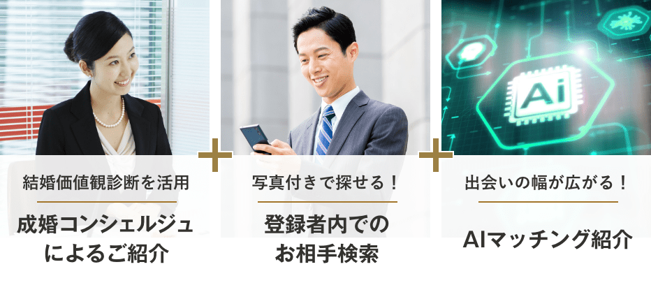 成婚コンシェルジュによるご紹介。登録者内でのお相手検索。AIマッチング紹介。