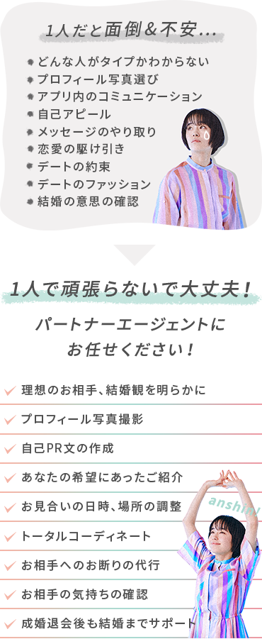 1人だと面倒&不安…▶︎1人で頑張らないで大丈夫！パートナーエージェントにお任せください！