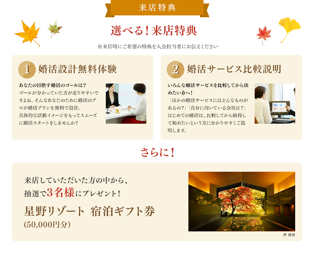 ご来店特典　婚活設計無料体験or婚活サービス比較説明、星野リゾート 宿泊ギフト券