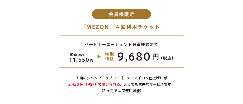 会員様限定　『MEZON』４回利用チケット　パートナーエージェント会員様限定で定価10,500円（税抜）のところ、特別価格で8,800円（税抜）
