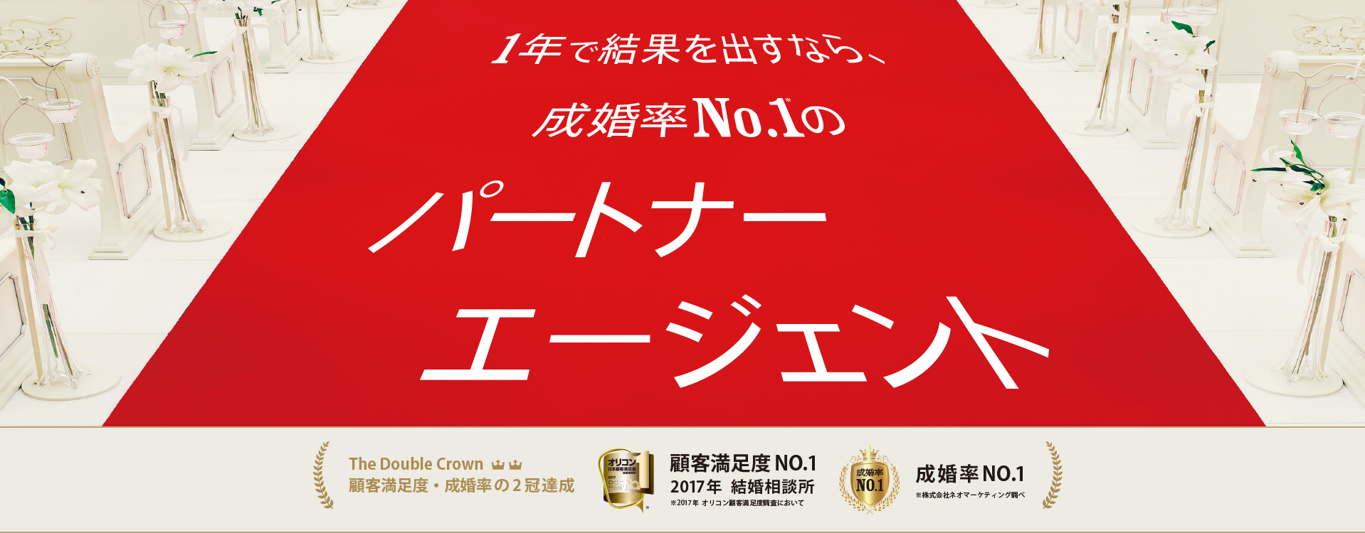 1年で結果を出すなら、成婚率No.1のパートナーエージェント 5年連続成婚率UP!全国24店舗で全158人のコンシェルジュがお待ちしています。