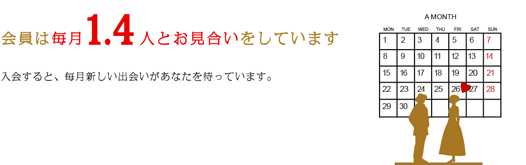 会員は毎月1.4人とお見合いをしています 入会すると、毎月新しい出会いがあなたを待っています。
