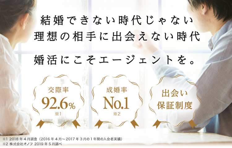 結婚できない時代じゃない理想の相手に出会えない時代 交際率92.6% 成婚率No.1　出会い保証制度