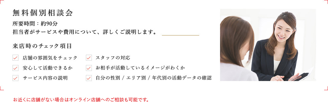 無料個別相談会:所要時間：約90分 担当者がサービスや費用について、詳しくご説明します。