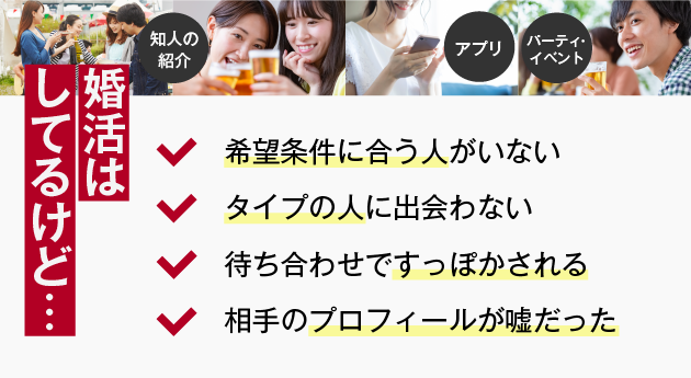 婚活はしてるけど…（希望条件に合う人がいない／タイプの人に出会わない／待ち合わせですっぽかされる／相手のプロフィールが嘘だった）
