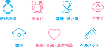 結婚準備 衣食住 趣味・習い事 子育て 住宅 保険/金融/法律相談 ヘルスケア