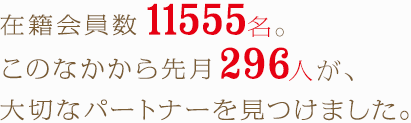 在籍会員数9988名。このなかから先月196人が、大切なパートナーを見つけました。
